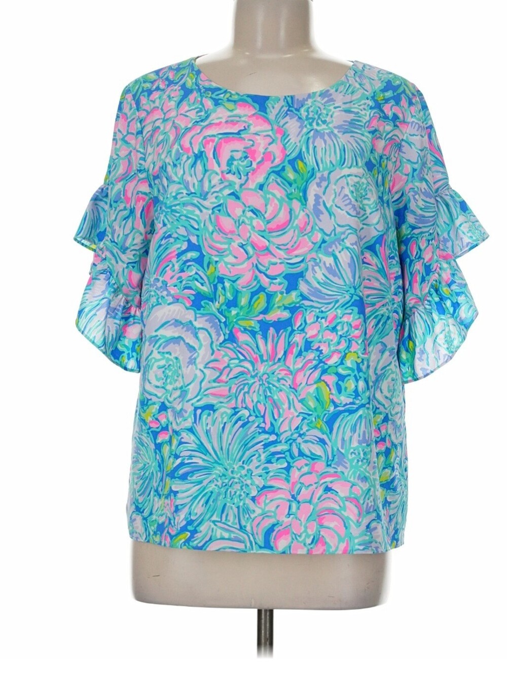 Lilly Pulitzer Turquoise Pink Floral Ruffle Sleeve Top | Size Medium
